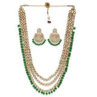 Zaveri Pearls Kundan & Dangling Green Beads Multi Layered Jewellery Set at Rs.681